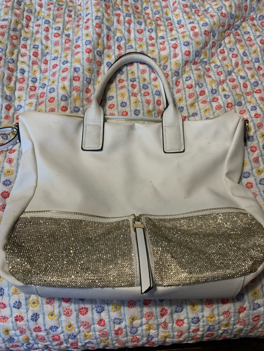 White Leather Tote Bag with Gold Sequin Pockets